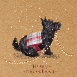Christmas card with an image of a scotty dog with a string of lights in his mouth