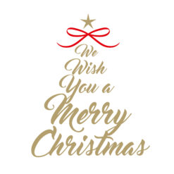 Christmas card with golden words We Wish You a Merry Christmas in the shape of a Christmas tree with red bow and gold star