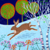 Christmas card featuring a hare leaping in a winter forest