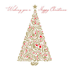 Christmas card with an image of a Christmas tree made out of golden swirls and red dots