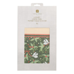 Table cover featuring doves, holly and red bow designs