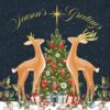 Christmas card with two Deers looking up at a bright gold star on top of a decorated Christmas tree with presents underneath
