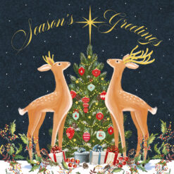 Christmas card with two Deers looking up at a bright gold star on top of a decorated Christmas tree with presents underneath