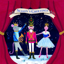 Christmas card featuring a whimsical nutcracker scene with the mouse king, the nutcracker soldier and Sugar plum Fairy