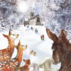 Christmas card with an image of animals looking at people in front of a church in a snowy scene