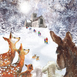 Christmas card with an image of animals looking at people in front of a church in a snowy scene