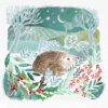 Christmas card with an image of a hedgehog in a stylised woodland scene