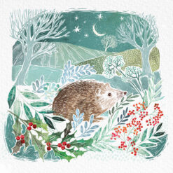 Christmas card with an image of a hedgehog in a stylised woodland scene