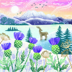 Christmas card with an image of a deer in a snowy mountain landscape with thistles