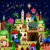 Christmas card featuring Bethlehem at night with nativity scene