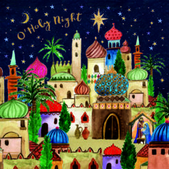 Christmas card featuring Bethlehem at night with nativity scene