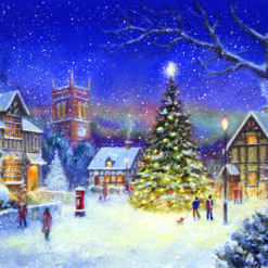 Christmas card featuring a snowy village scene at night with a large Christmas tree