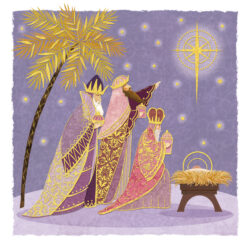 Christmas card with an image of the three wise men giving the baby Jesus gifts in his manger with light purple background
