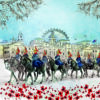 Christmas card with an image of soldiers riding on horses in front of horse guards parade in london with poppies