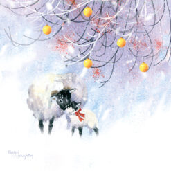 Christmas card with an image of sheep sheltering under a tree in a snowy scene