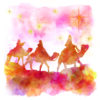 Christmas card featuring a watercolour image of the Three Wise Men on camels following the star