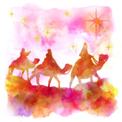 Christmas card featuring a watercolour image of the Three Wise Men on camels following the star