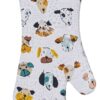 An oven mitt with a pattern of different dogs faces.