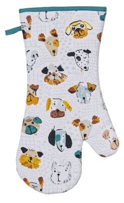 An oven mitt with a pattern of different dogs faces.