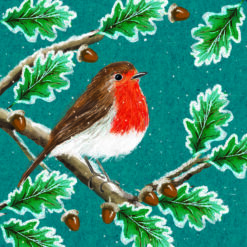Christmas card with an image of a robin in an oak tree with acorns