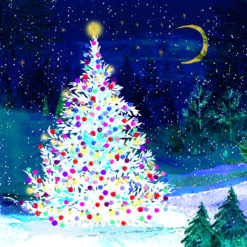 Christmas card with an image of a large white decorated Christmas tree in a forest
