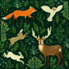 Christmas card with images of woodland animals, an owl, fox, deer, hare and rabbit