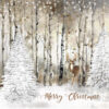 Christmas card with an image of a deer nestled amongst silver birch trees
