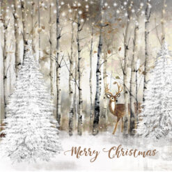 Christmas card with an image of a deer nestled amongst silver birch trees
