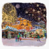 Christmas card with an image of market stalls at night in Norwich