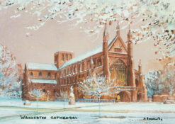 Christmas card with an image of Winchester Cathedral in the snow