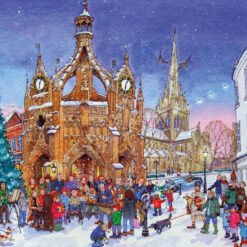 Christmas card with an image of lots of people in snowy Chichester Cross