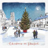 Christmas card with an image of a Christmas tree in a snowy town square in Stamford