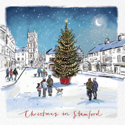 Christmas card with an image of a Christmas tree in a snowy town square in Stamford