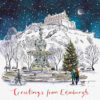 Christmas card with a drawn sketch of a fountain in a snowy park with a Christmas tree below Edinburgh castle