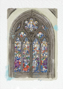 Christmas card featuring an illustration of a stained glass window in All Saints Church, Kingston.
