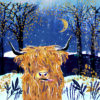Christmas card with an image of a highland cow in a winter moonlit forest