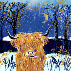Christmas card with an image of a highland cow in a winter moonlit forest