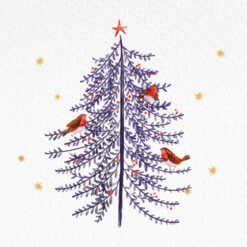 Christmas card with an image of a blue tree with gold star on top with three robins perched in it.