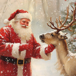 Christmas card with Father Christmas and one of his Reindeer with snow falling around them