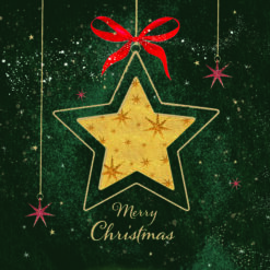 Christmas card with an image of a hanging gold star with red ribbon