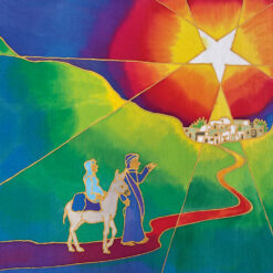 Christmas card with a brightly coloured background and an image of Mary on a donkey and Joseph leading them to Bethlehem via a big bright star