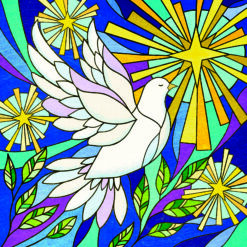 Christmas card with a stained glass image of a dove