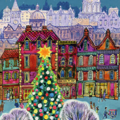 Christmas card with an image of a brightly lit Christmas tree in a city