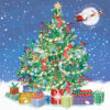 Christmas card with an image of a decorated Christmas tree with presents underneath and Santa flying in his sleigh overhead