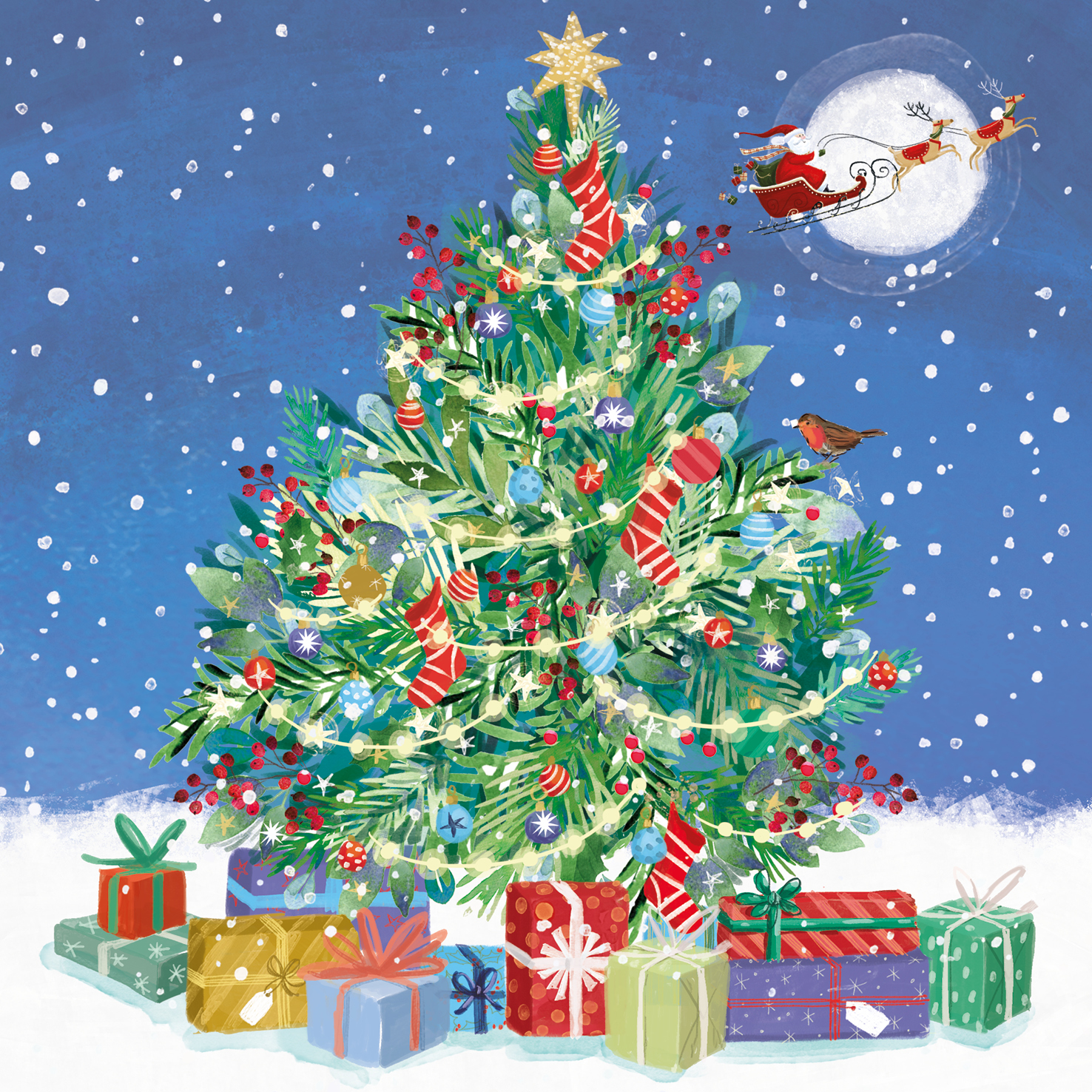 Christmas card with an image of a decorated Christmas tree with presents underneath and Santa flying in his sleigh overhead