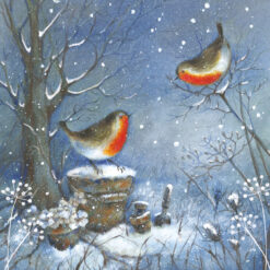 Christmas card with an image of two robins perched in a snowy garden