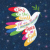 Christmas card with an image of a dove with colourful feathers and colourful wording written on its back