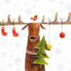 Christmas card with a drawn image of a deer with its antlers decorated with baubles and stockings and a robin is perched on its head