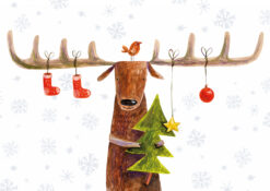 Christmas card with a drawn image of a deer with its antlers decorated with baubles and stockings and a robin is perched on its head