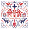 Christmas card highly decorated with blue and red swirls, red gingerbread houses and blue deer